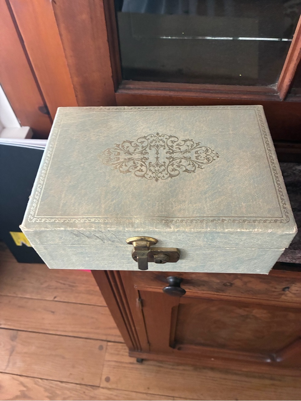 Vintage Decorative Jewelry Box in Pale Blue with Gold Accents
